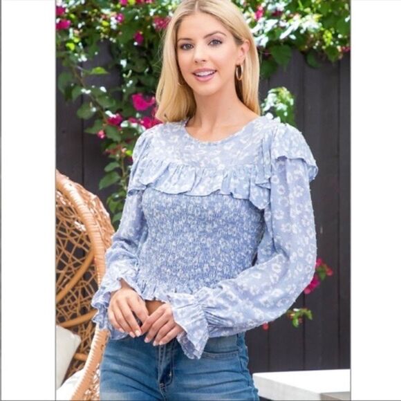 Blue & Cream Smocked Long Sleeve Top - Picture 1 of 3